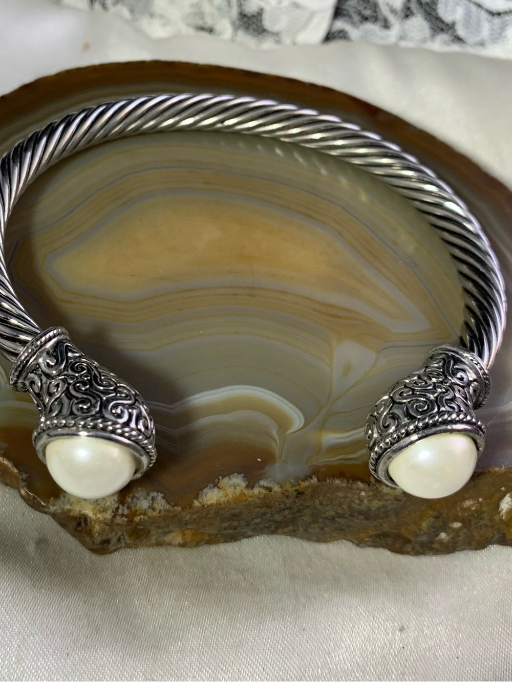 Silver-Tone Pearl-Ended Twisted Cable Cuff Bracelet filigree Unique Balinese.